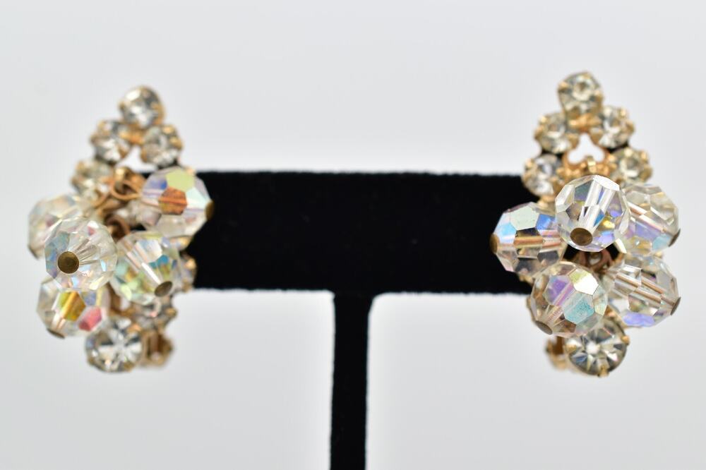 Authentic Juliana Crystal Clip On Earrings Dangle AB Rhinestone Gold 1960s 9E